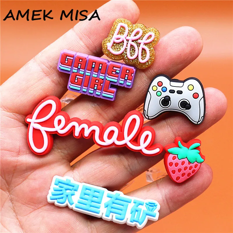 Luxury Original Shoe Charms Bomale Strawberry Gamepad Gamer Girl PVC Shoe Accessories Decoration Fit Party Kids Gifts