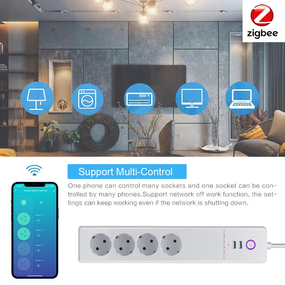 Tuya Zigbee Smart Surge Protector EU Zigbee Outlet With 4 Plugs and 2 USB Port Individual Control Works With Alexa Google Home