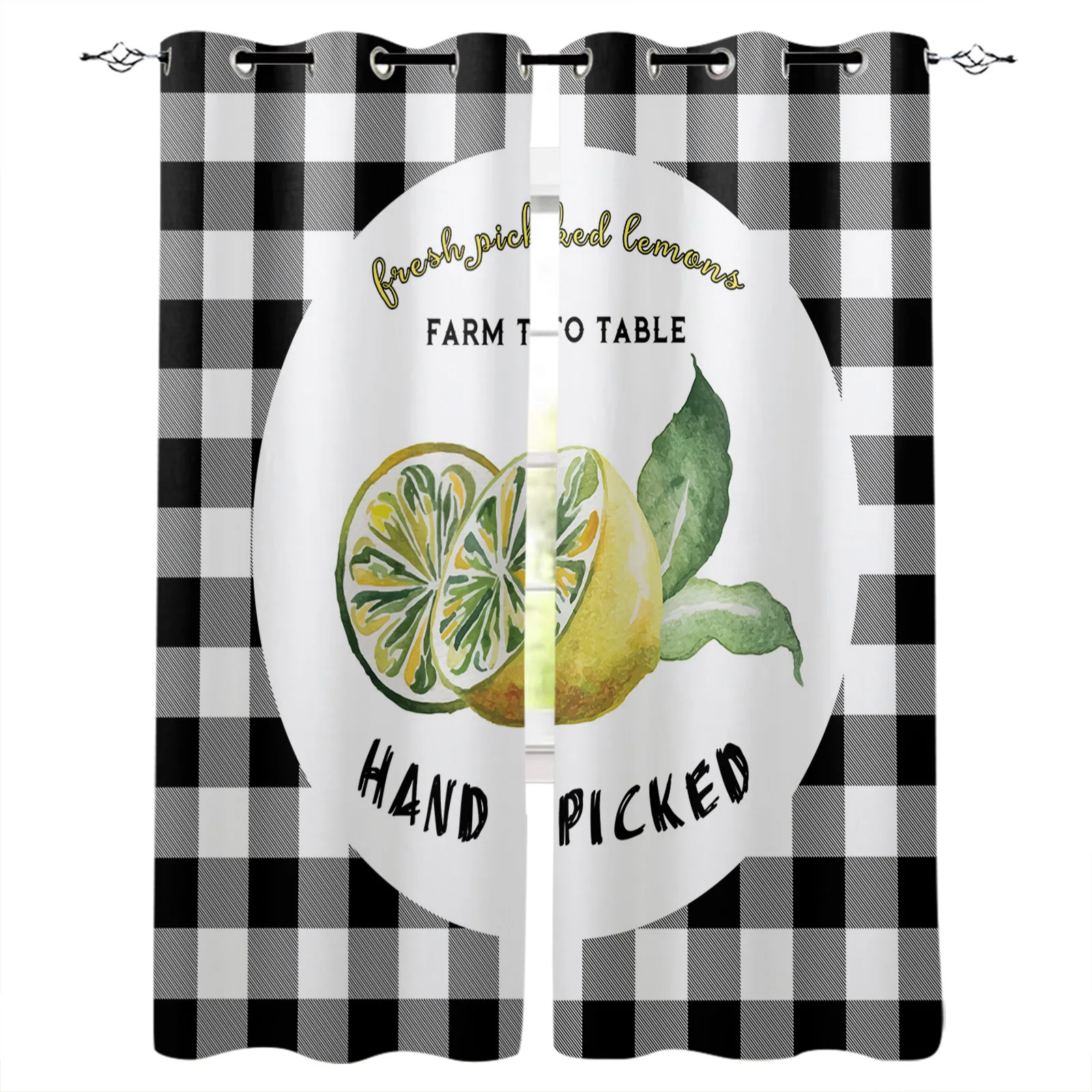 

Summer Style Lemon Farm Fruit Black And White Plaid Blackout Curtains Bedroom Blinds Drapes Window Curtains For Living Room