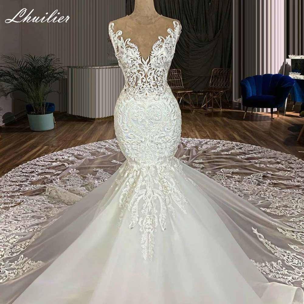 Lhuilier Women's Mermaid Lace Wedding Dresses See Through Top Floor Length Sleeveless Bridal Dress with Cathedral Train