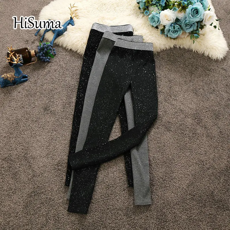 2024 autumn winter New women high-waist bright silk pencil pants female solid color slim knitted trousers bottom leggings