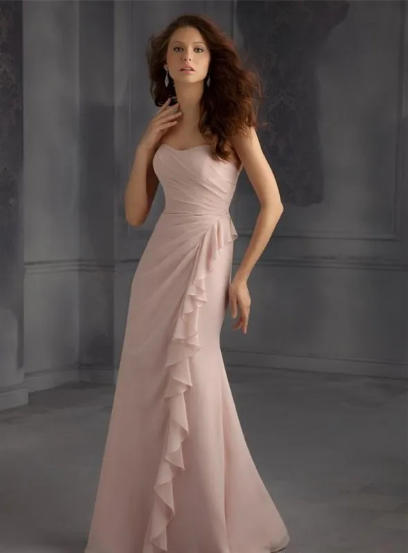 Vestido de dama de honor largo de gasa rosa con escote Corazón, vestido de sirena plisado con volantes, novedad de moda, vestido de madrina 2015