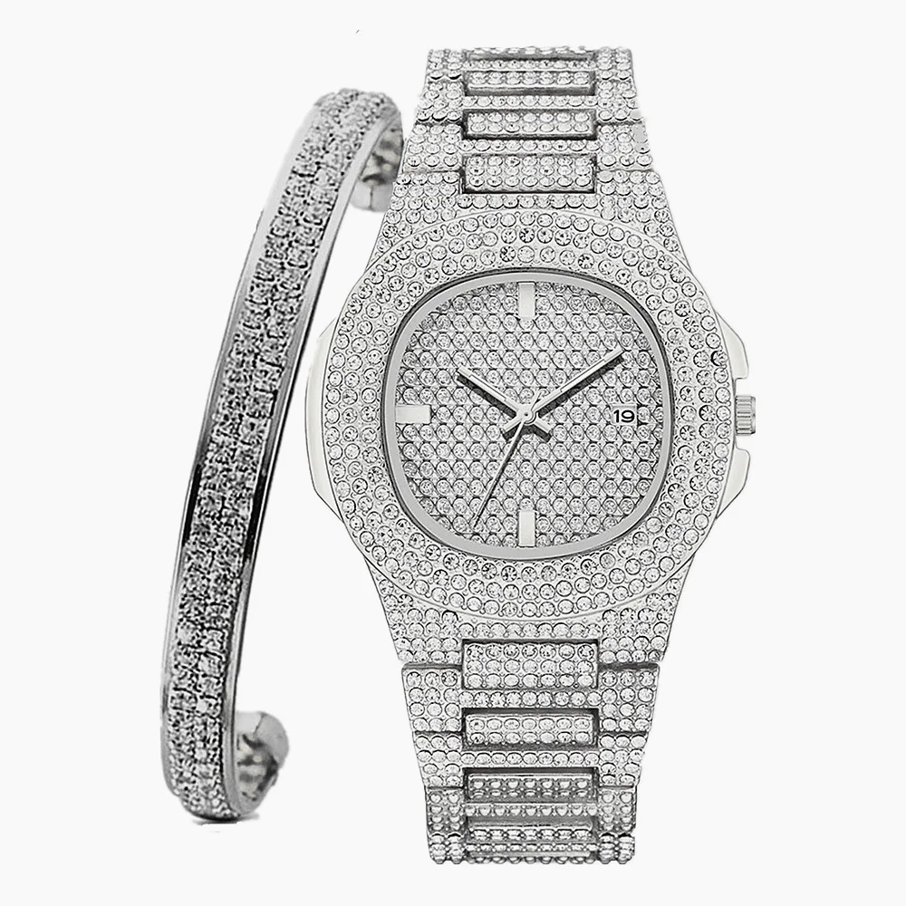 Watch + Bangle for Women Bling Miami Bracelet Iced Out Watches Women Hip Hop Watch Luxury Gold Watch Set Women Jewelry Set Gifts