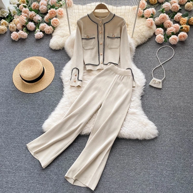 Fashion Brief Temperament Knitted Pants Two piece Casual Set Women Braided trim Gold Button Cardigan Sweater and Pants Suits