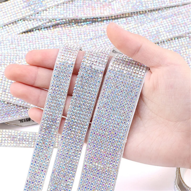 High Quality Crystal White AB Color Self-adhesive Shiny Rhinestone Chain Tape For DIY Shoes Bags Clothing Home Decoration