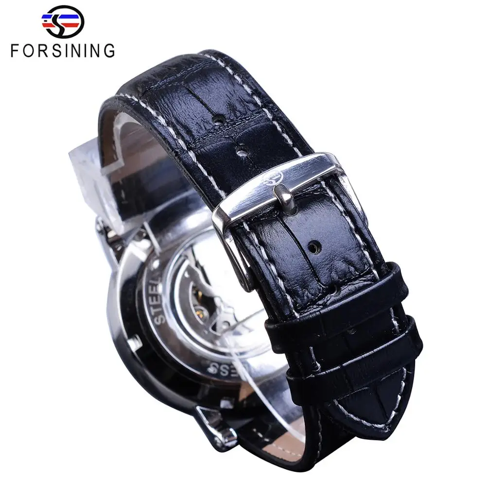 Forsining Minimalist Men\'s Mechanical Watch Black Slim Dial Automatic Casual Genuine Leather Clock Male Wristwatch Relogio Saati