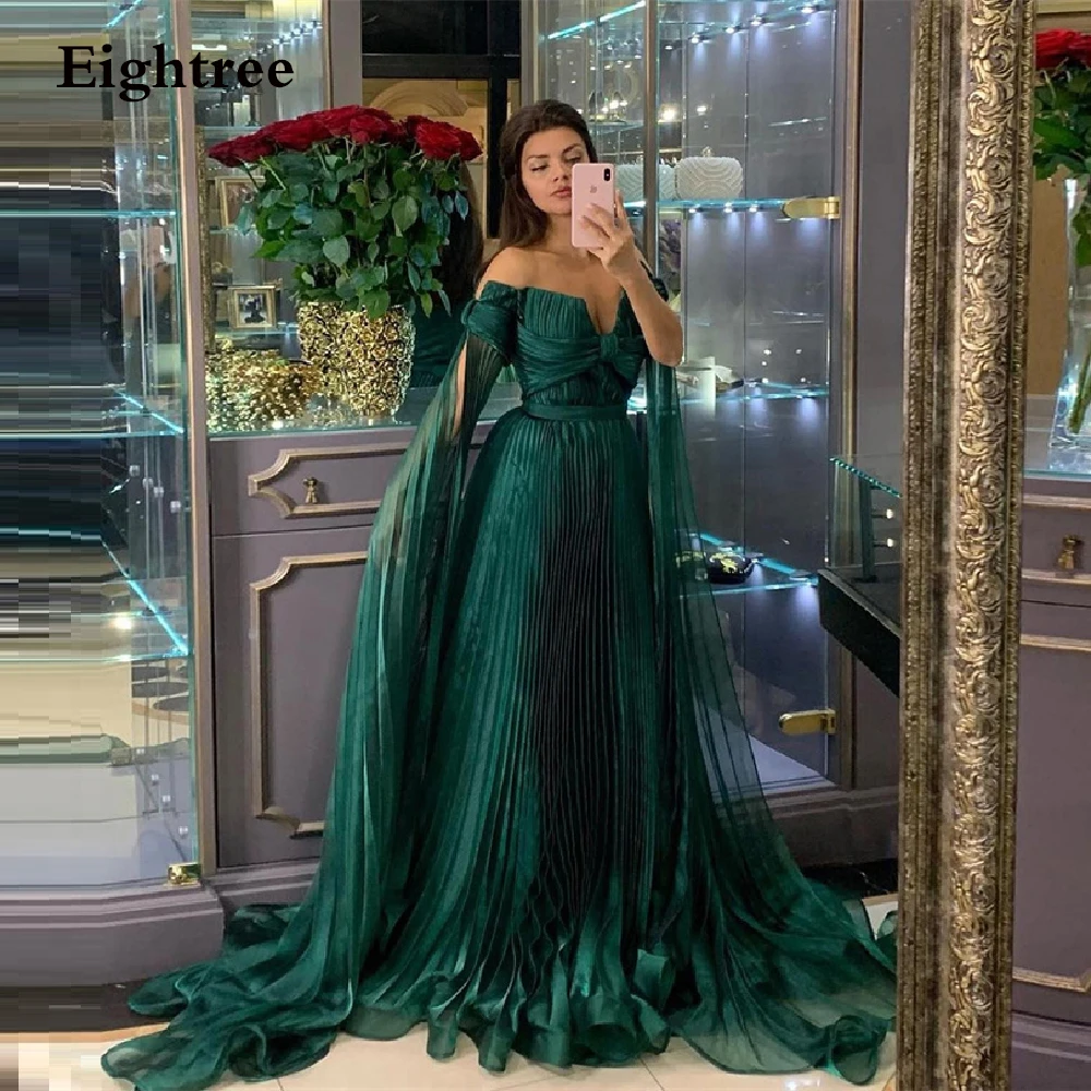 Shiny Dark Green Long Sweetheart Prom Dresses Evening Gowns Off Shoulder Long Sleeves Dubia A Line Night Party Dress Formal Gown