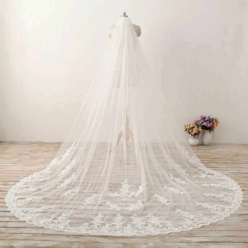 Soft Tulle White Ivory Cathedral Length Wedding Veil Bridal Veils Lace Edge Wedding Accessory With Comb WED VEIL Veu De Noiva