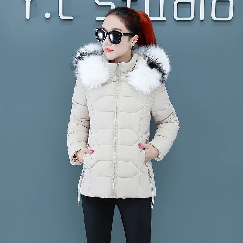 

Fad Winter Short Jacket Women Plus Size Slim Casual Women's Thick Coat Solid Hooded With Fur Collar Overcoat Female Parkas