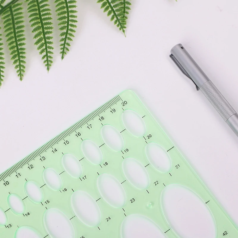 Green Plastic Oval Geometric Template Ruler Stencil Measuring Tools Students Hot 