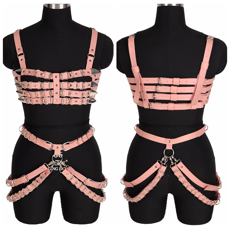 

Gothic Pink Leather Lingerie Set Cage Top Rivet Ring Waist Belt Garter Sexy Dance Rave Festival Body Harness Bra Vest Bondage