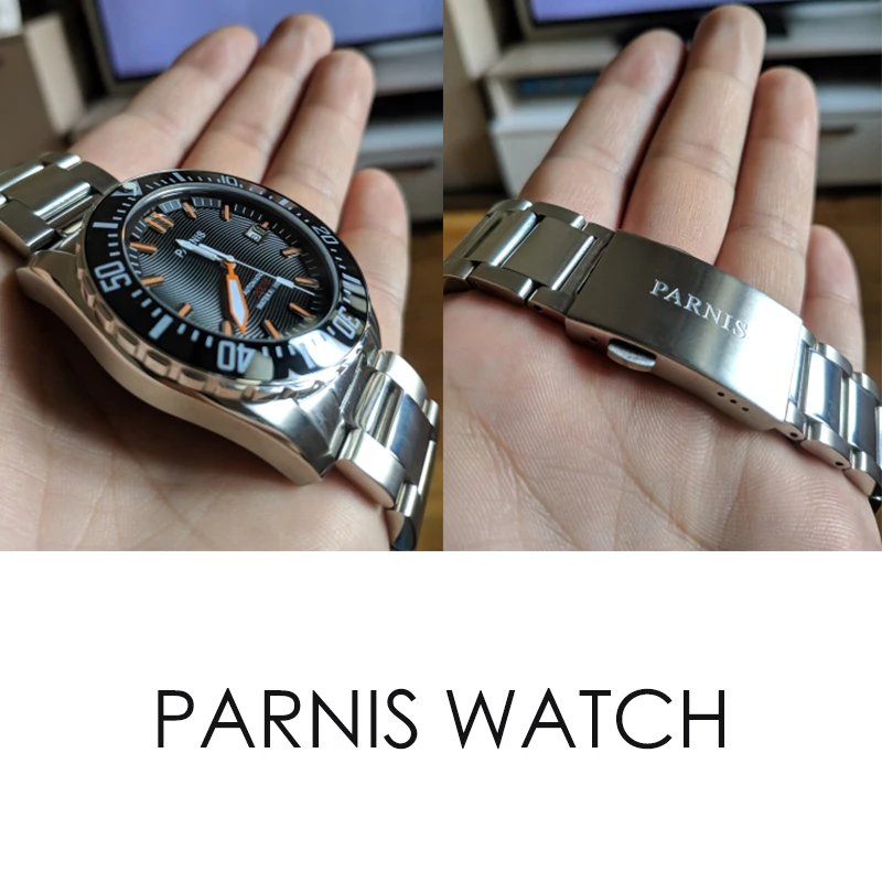 Parnis 44mm Stainless steel case black dial Automatic Diver Watch Waterproof 200m Metal Mechanical Men's Watches Sapphire Glass