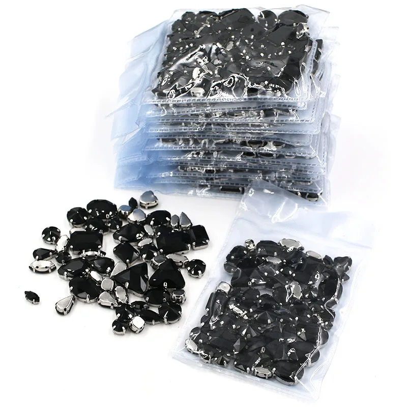 Hot Sale Wholesale 5 bags mixed shape silver base sew on glass crystal Black rhinestones for clothing/wedding dress