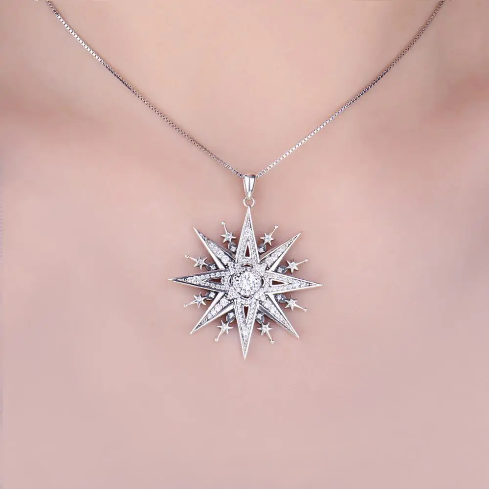 JewelryPalace Vintage Gothic North Star 925 Sterling Silver Pendant Necklace Punk Cubic Zirconia Statement Pendant No Chain