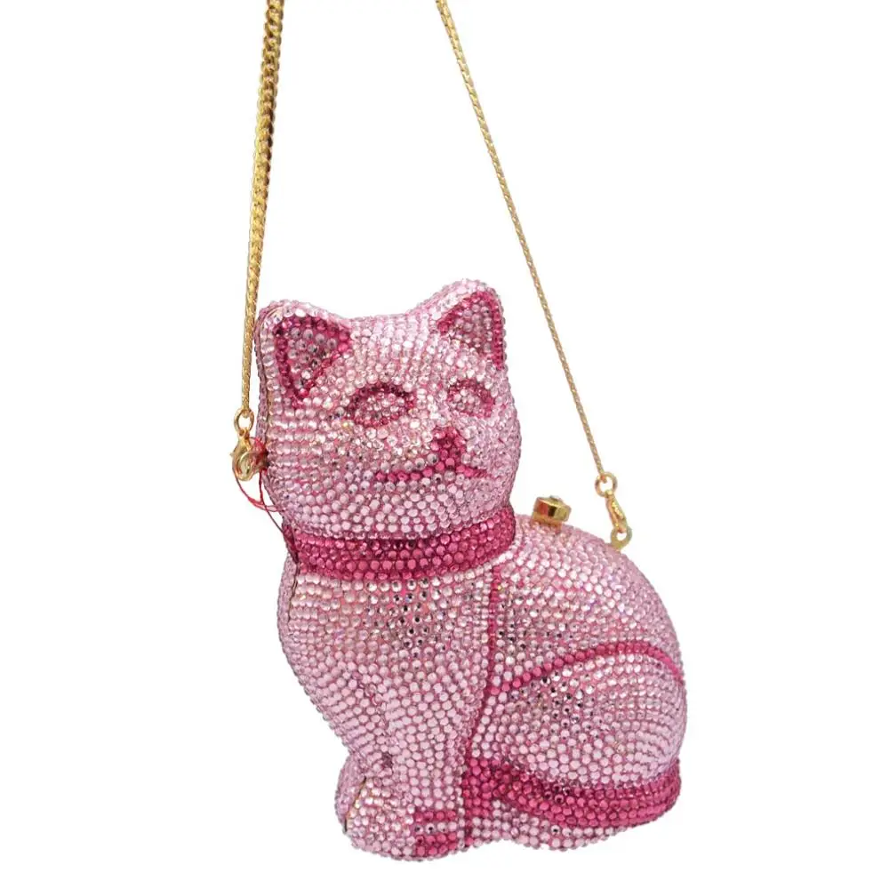 Pink Cat Animal Crystal Evening Bags Customized color Diamond Party Prom Purse Wedding Bridal banquet Handbags p10