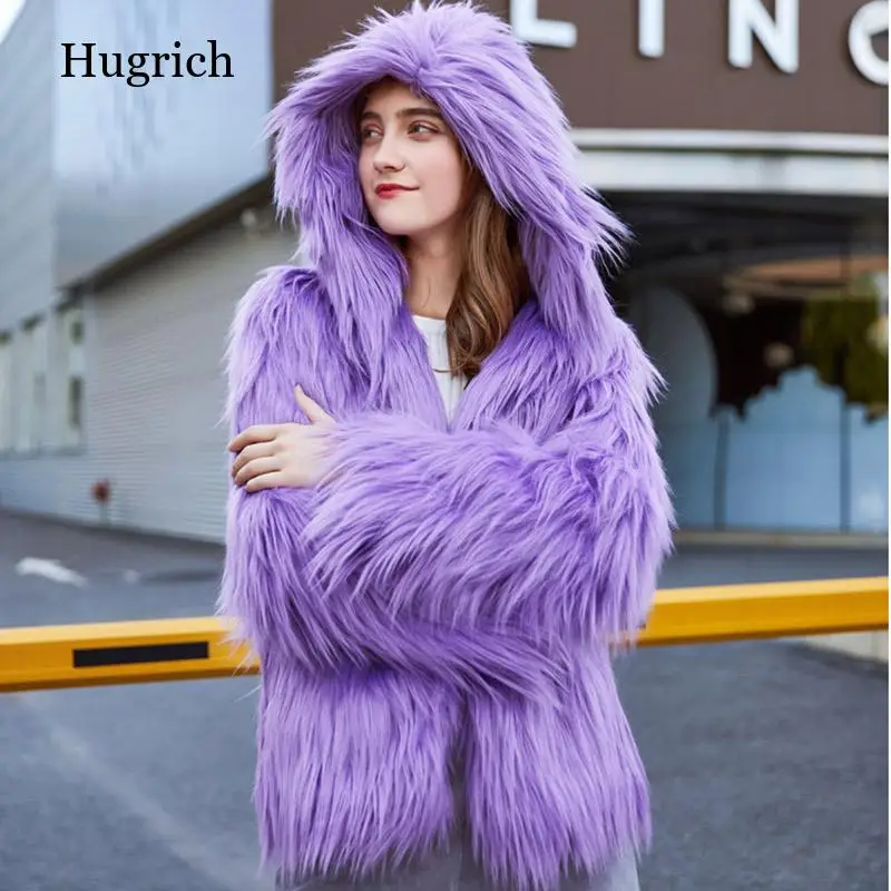 

Artificial Fur Coat Purple Women's Jacket Faux Undefined Biker Woman 2021 Shaggy Elegant Winter With Hood Europe Thick Russian