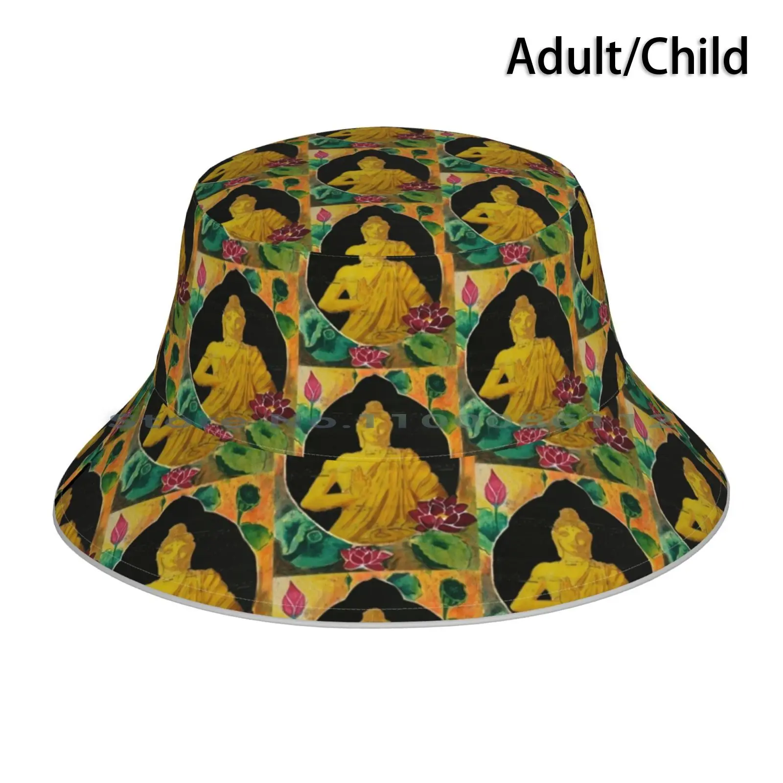 Buddha Dream Bucket Hat Sun Cap Janinwise Janin Wise Buddha Music Lotus Prayer Peace Water Lily Asian Hindu Om Harmony Brimless