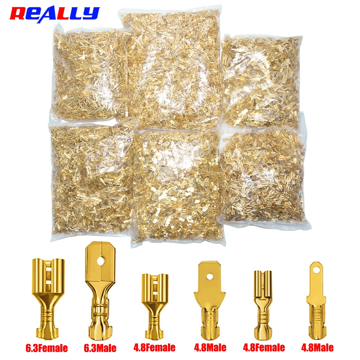 500Pcs Gold Brass Electric Wire Connectors, Female and Male Crimp Terminal Connector, Car Speaker Lot, 2.8/6.3Female, 4.8Male