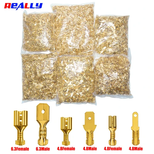 500 Uds. Conectores de cable eléctrico de latón dorado, conector de Terminal de engarzado hembra y macho, lote de altavoces para coche, 2,8/6,3 hembra, 4,8 macho