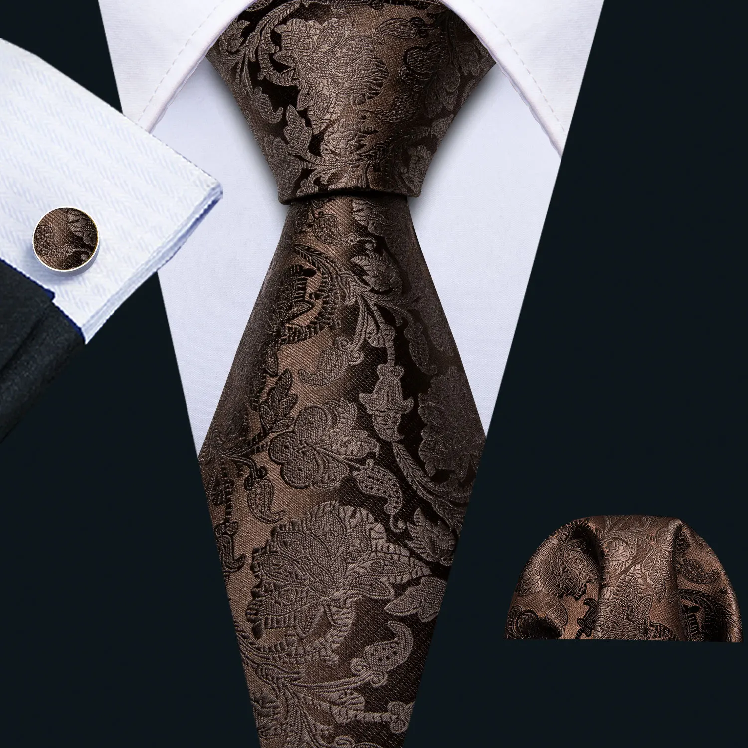 

Mens Wedding Tie Brown Floral Silk Tie Hanky Set Barry.Wang Jacquard Woven Fashion Designer 9cm Neck Tie For Men Party FA-5507