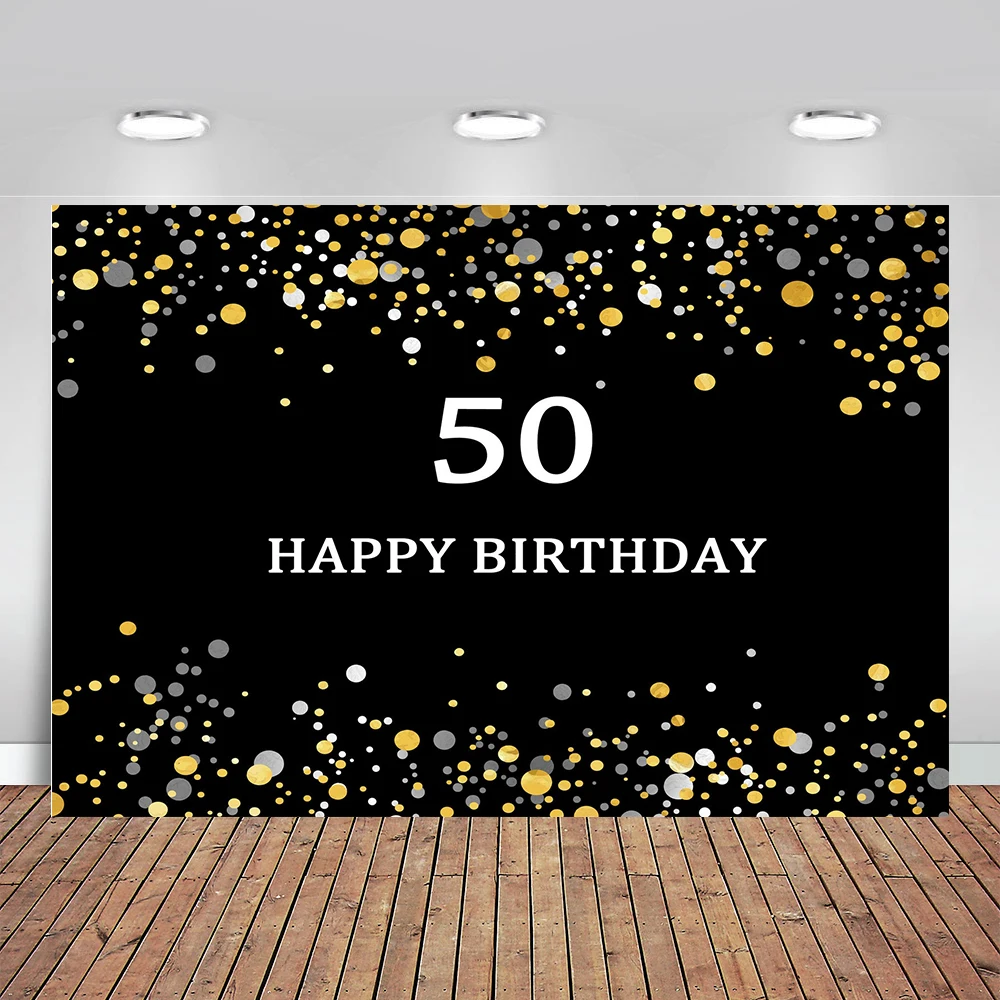 

Happy 50th Birthday Banner Photography Gold and Black Studio Background for Party Photo Booth Props