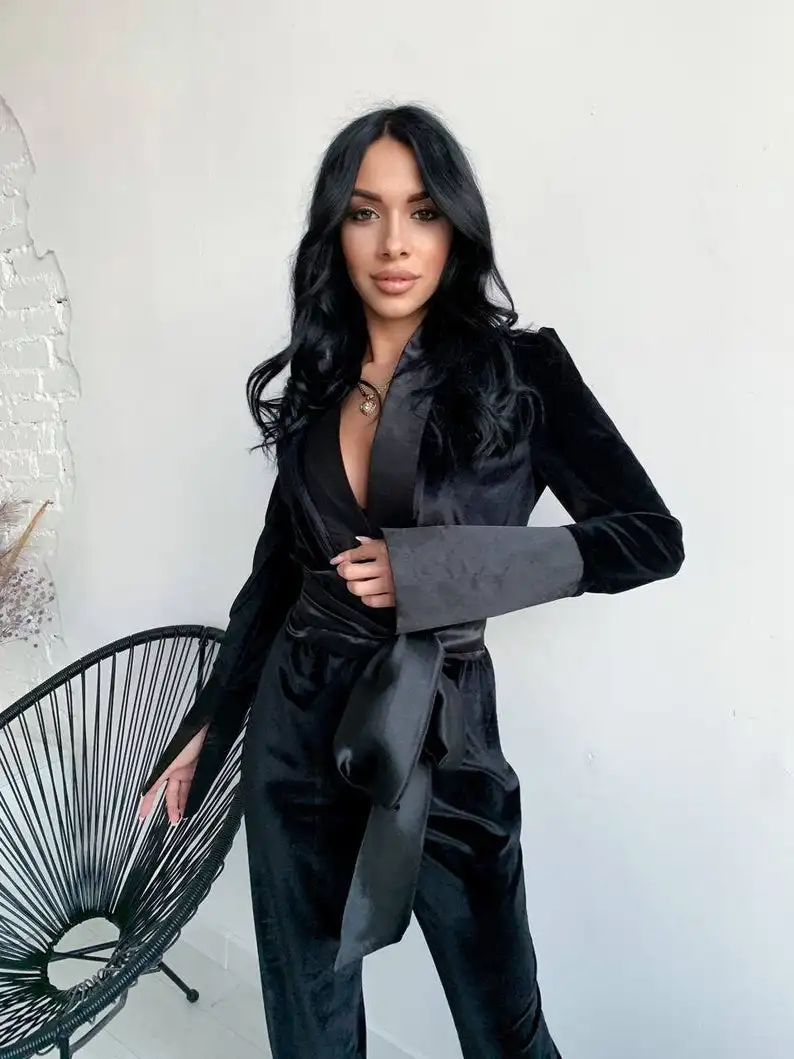 Fashion Elegant Velvet Women Blazer Custom Made New Designed Lace Up Suits Patchwork Office Lady Chic Daily Casual Jacket