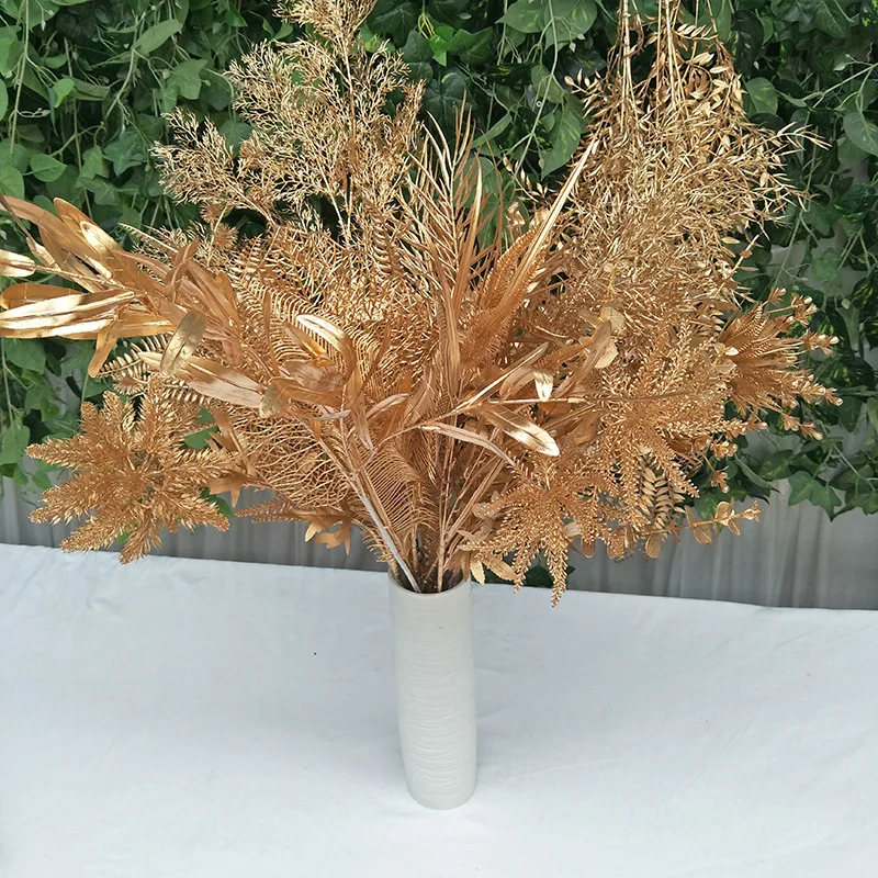 Gold Series Simulation Plants Wholesale Simulation Bouquet Fake Flowers Misty Maple Leaf Phoenix Tail Wedding Decoration Display