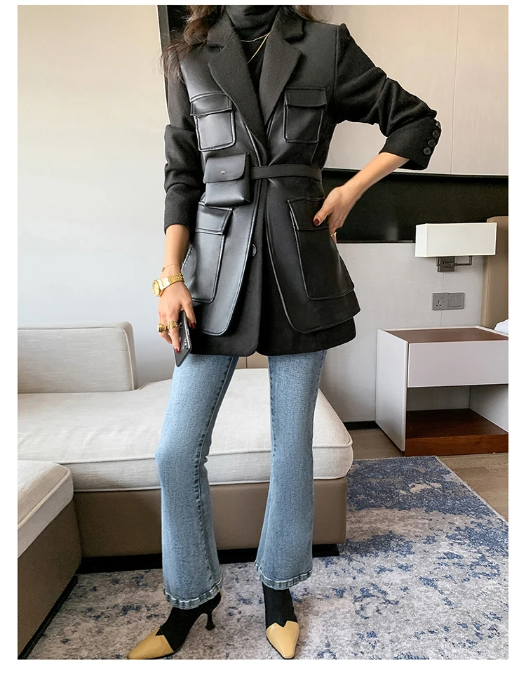 Nerazzurri Autumn Black Wool Blends Patchwork Leather Jacket Women with Many Pockets Long Sleeve Korean Fashion Streetwear 2022