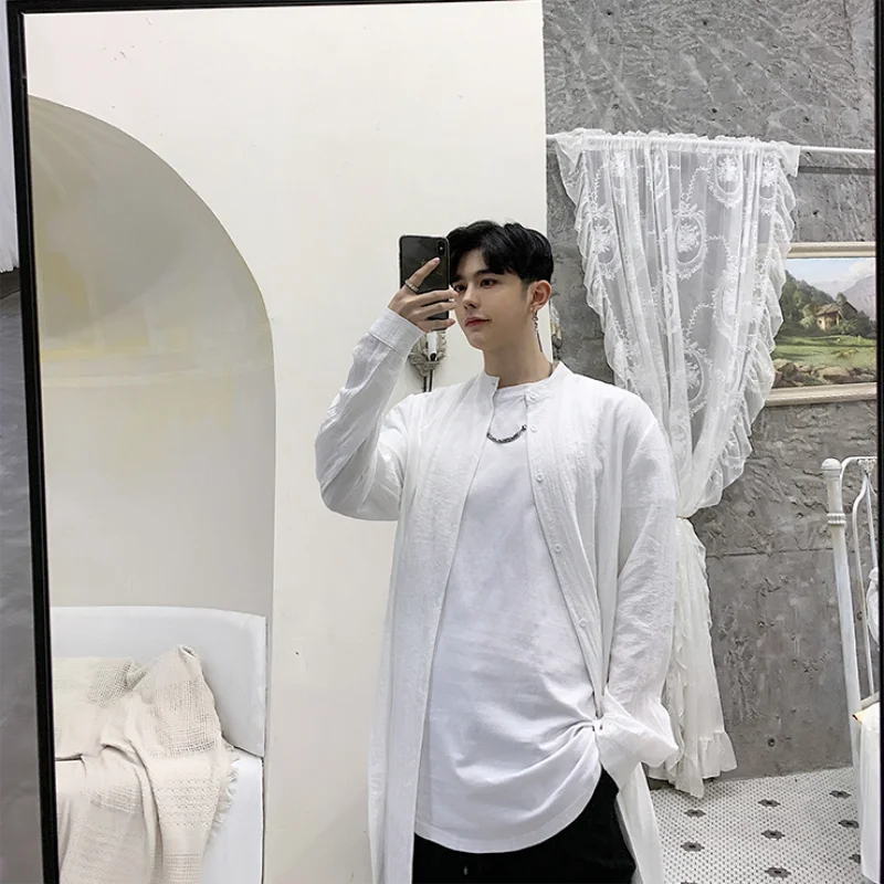 

Men's Long-Sleeve Shirt Spring And Autumn New Mid - Long Standing-Collar Slit Solid Color Casual Loose Oversized Shirt