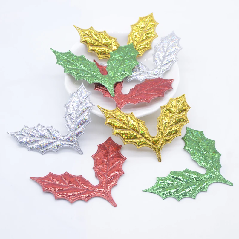 50Pcs Double Sided Laser Cloth Holly Leaves Appliques for DIY Christmas Hat Clothes Patches Decor Scrapbook Craft Decorative