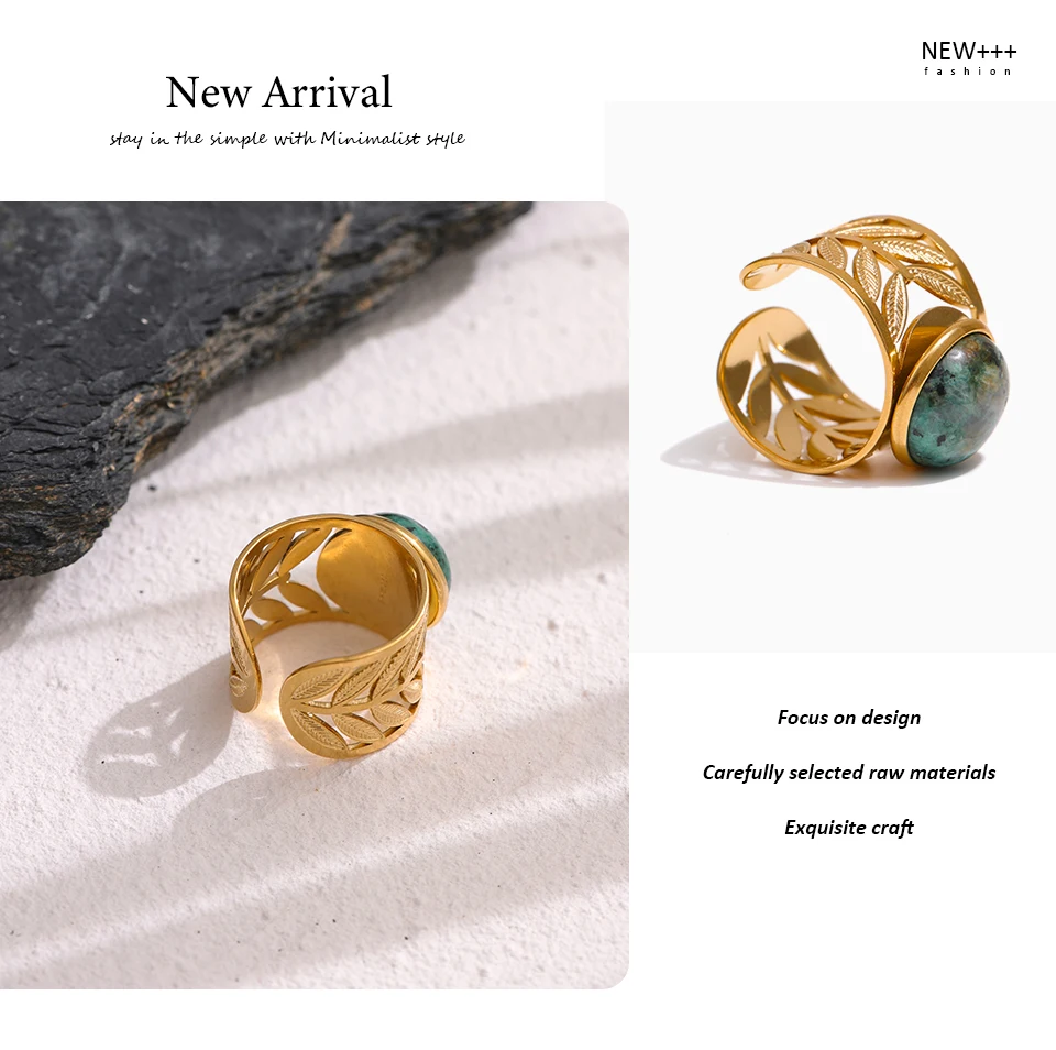 Yhpup Stainless Steel Green Natural Turquoise Opening Ring Statement Golden 18 K Plated Ring bague acier inoxydable Gift New