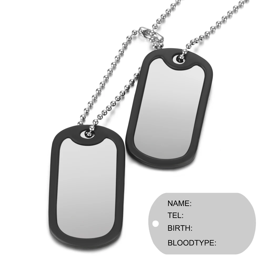 Customized Photo Family Name Necklace Military Army 2 Dog Tags Stainless Steel ID Tags with Black Silicone Silencers SL-114