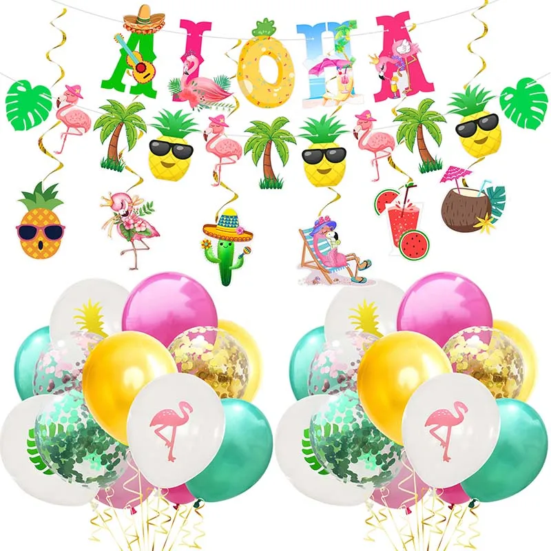 Hawaiian Party Decorations Balloons ALOHA Bunting Banner Palm Leaves Cake Topper Summer Tropical Luau Flamingo Party Supplies