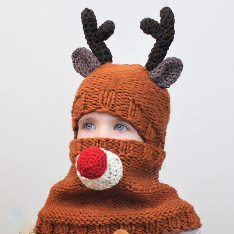 

Cute Reindeer Hat with Scarf Button Kids Unicorn Scarf Cap 2 in 1 Child Warm Knitted Christmas Gift