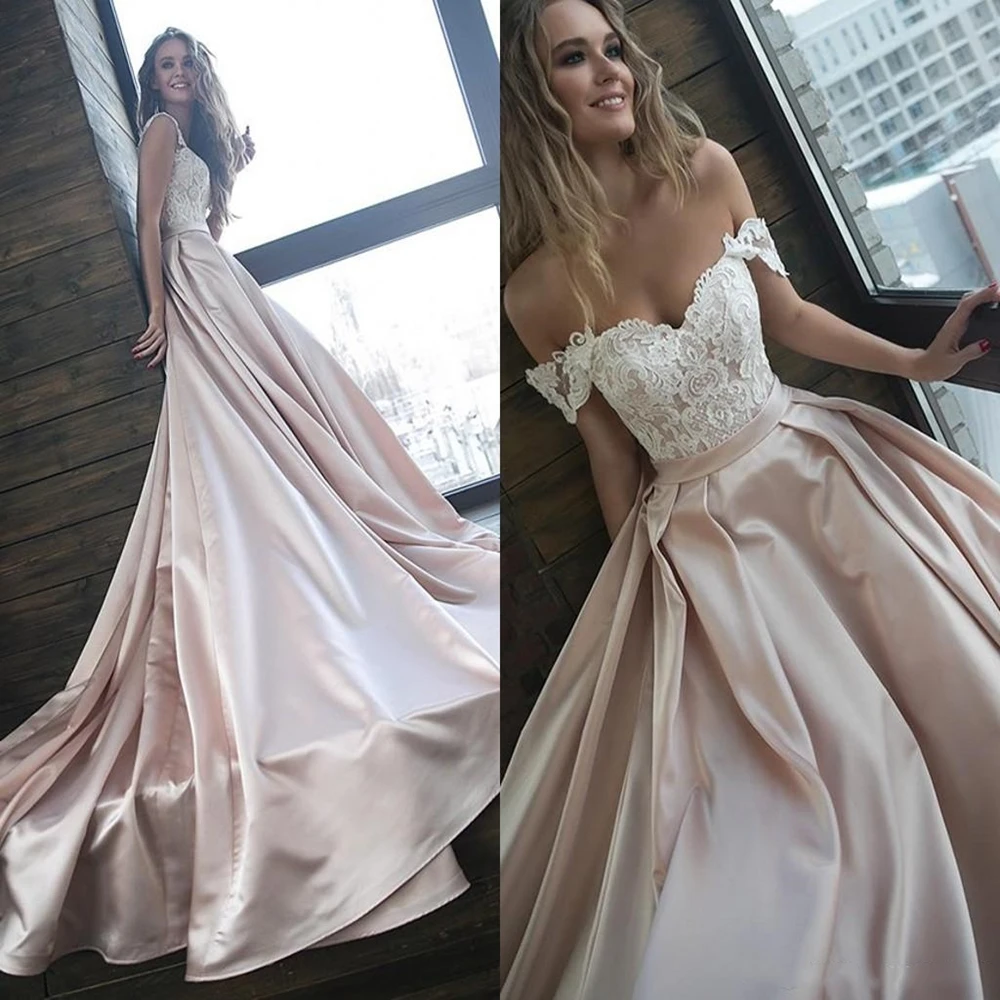 2020 Amazing Nude Ivory Lace Wedding Dresses Royal Train Off Shoulder Draped Satin Bridal Gowns Plus Size Wedding Party Dress