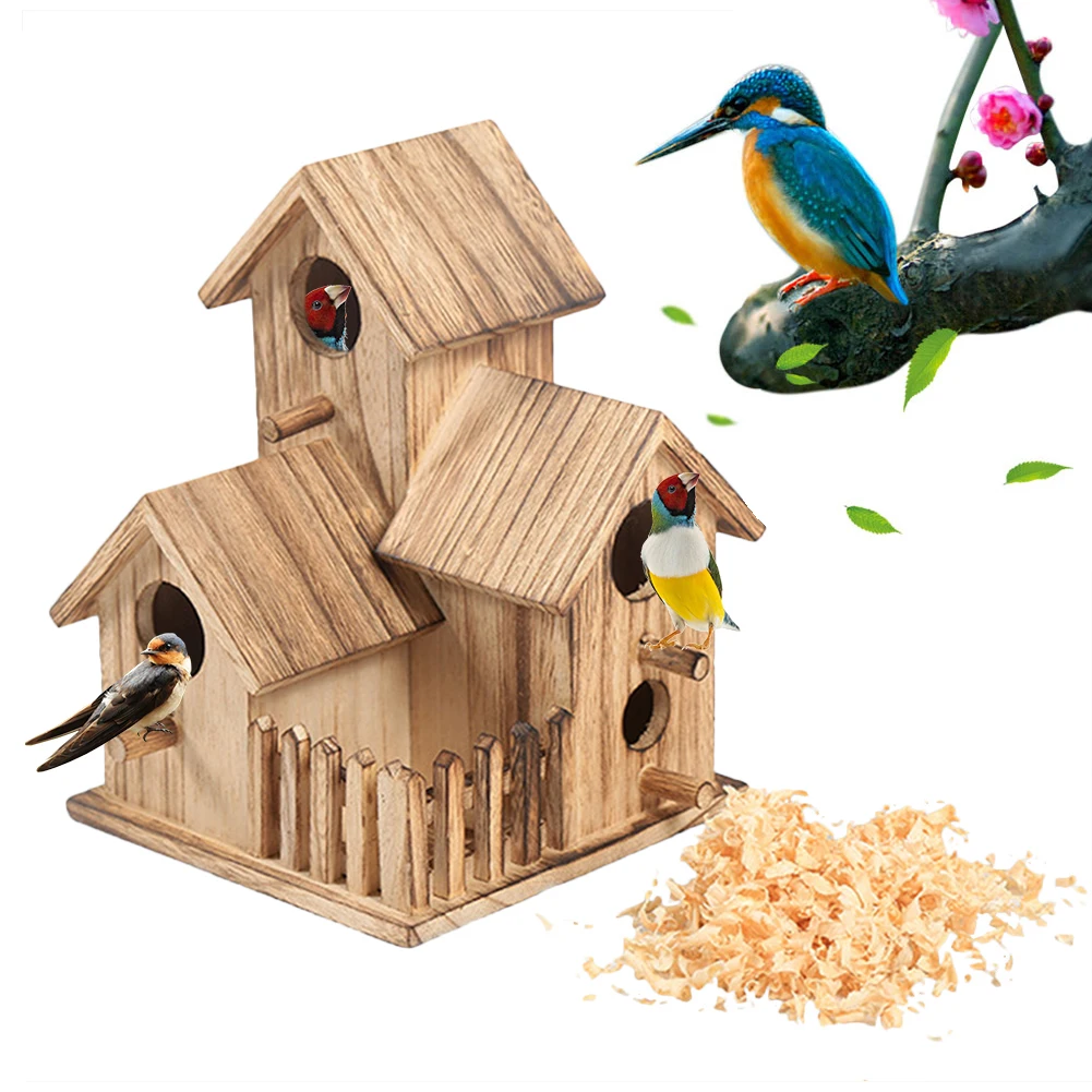 Creative Wooden Bird House Breeding Cage Box Feeding Nest Garden Backyard Balcony Pendant Simulation Fence Birdhouse Home Decor