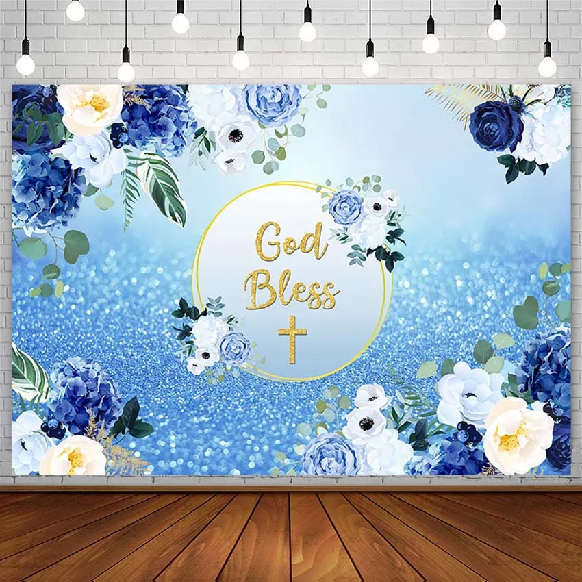 

Avezano First Holy Communion Backdrop God Bless Gold Cross Blue Flower Glitter Photography Background Photo Studio Photozone