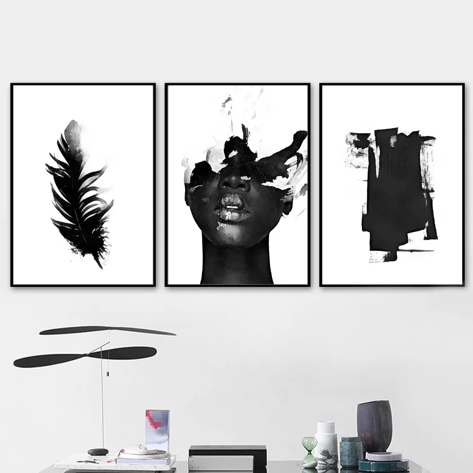 Wall Art Canvas Painting Feather Girl Black White Abstract Nordic Posters And prints Wall Pictures For Living Room Decoration