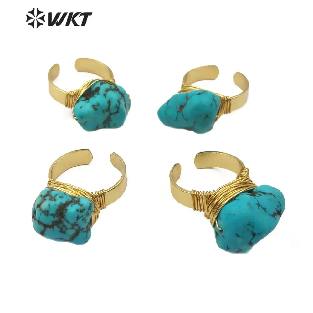 WT-R343 Natural Stone Ring Irregular Stone Wire  Wrapped chunky Tur quoise With Gold Electroplated Adjustable Band Fashion Ring