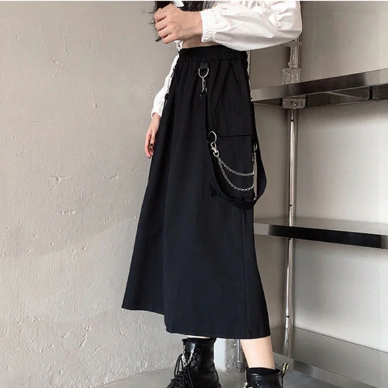 Skirts Women Summer New Preppy Style Suspenders Punk Gothic Chain Elastic High Waist Teen Girls A-line Ulzzang Faldas Casual Ins