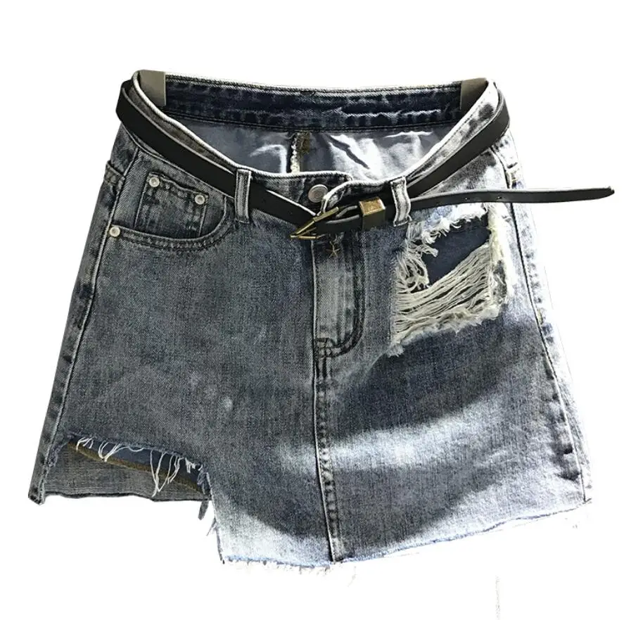 

2020 summer new fashion hole anti-light denim skirt women high wiast was thin a-line mini skirts r94