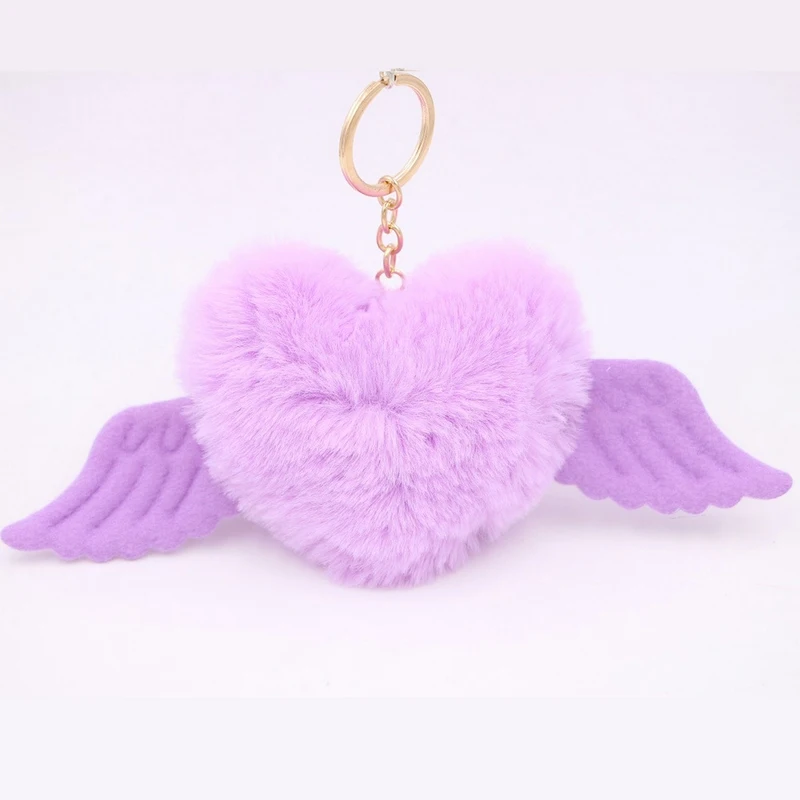 Cute Girls Fluffy Rabbit Fur Angel Wing Keychain Women Pompon Heart Fur Ball Key Ring Car Bag Pompom Trinket Jewelry Party Gift