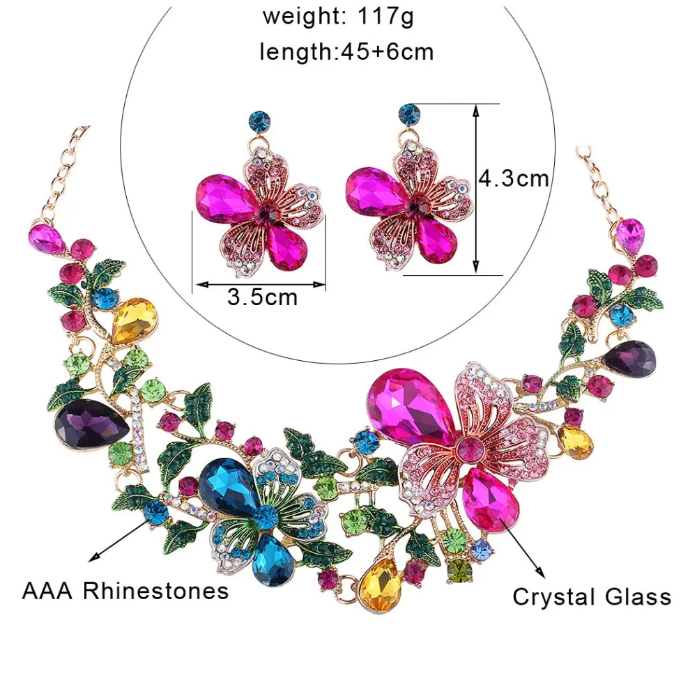 Fashion Wedding Jewelry Color Crystal Rhinestones Necklace Earrings set for Women Dubai Bridal Jewelry sets