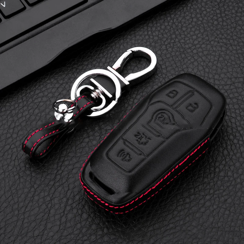 5 Button Leather Smart Key Case Fob Cover For Ford Mustang Explorer F150 Key Case Covers With Keychain For Ford Mustang Hot Sale