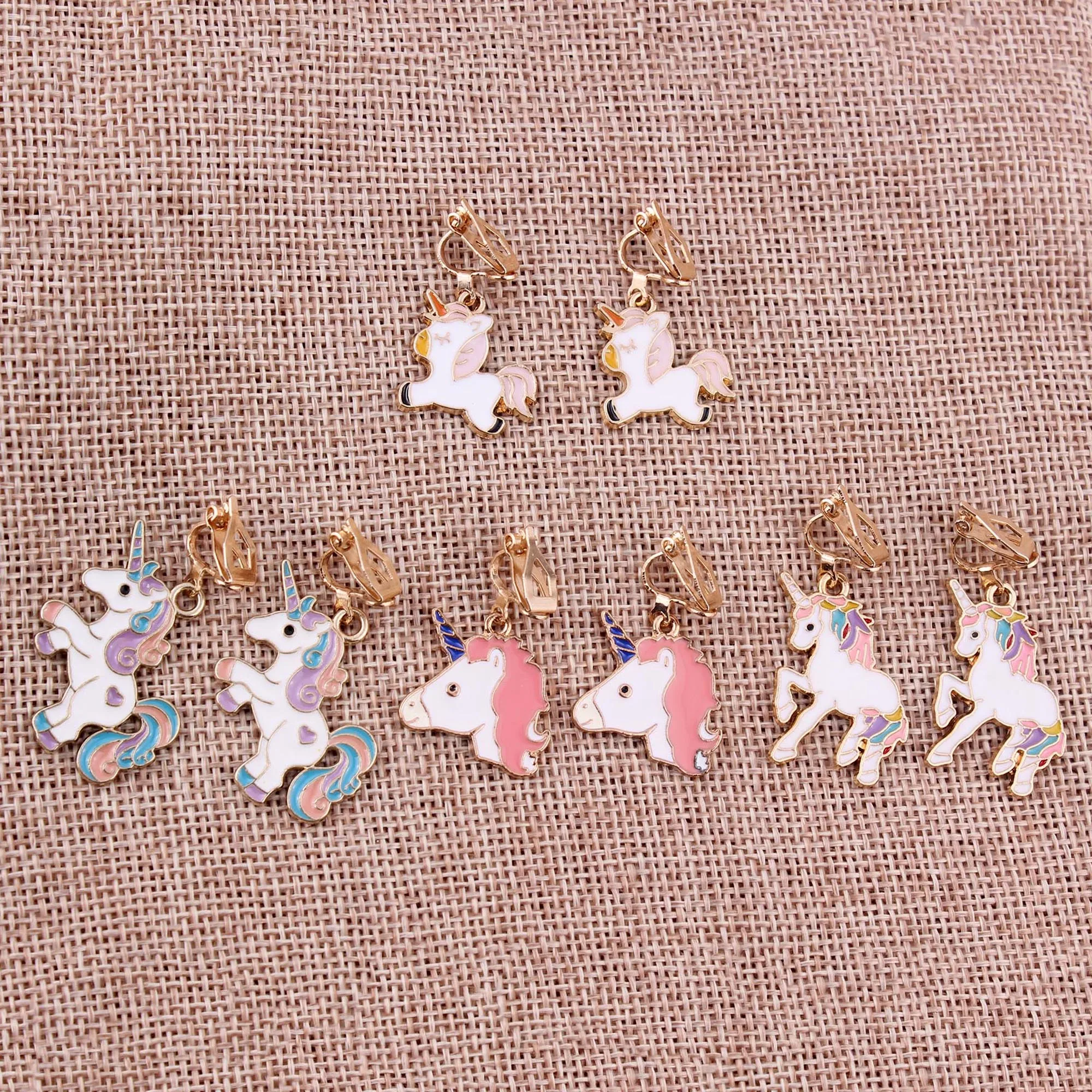 WENHQ  Cartoon Unicorn Clip on Earrings Fashion Cute Ear Clips for Little Girl Students Party Birthday No Pierced Earrings Gift