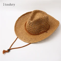 New Summer Hat Panama Hats Hollow Out Straw Hat For Men Women Leather Ribbon Large Brim Sun Beach Hat Jazz Cap Fedora