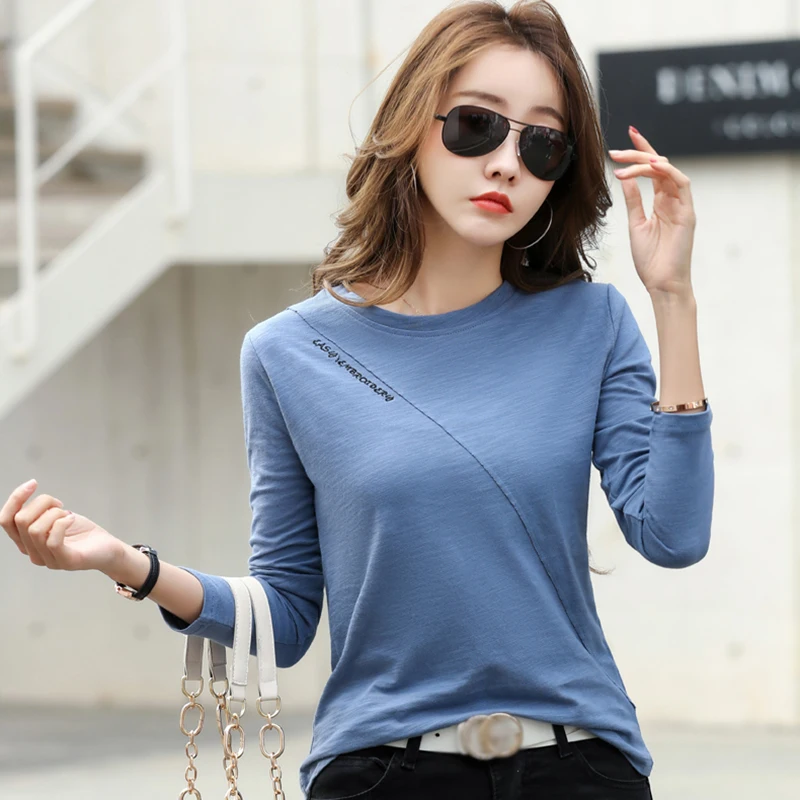 

Women's Cotton Long Sleeve Top Letter Tshirts For Women Tee Shirt Femme O-Neck Ribbed Autumn Korean Style T Shirt Casual Clothes