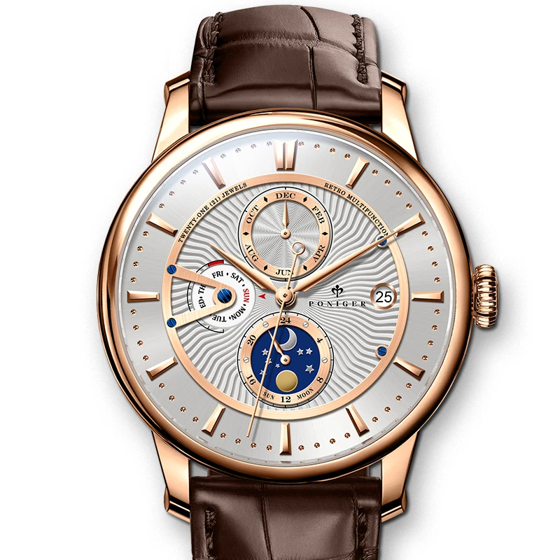 PONIGER Luxury Men's Automatic Mechanical Watch Sapphire Glass Waterproof Men Watches Multi Function Date Calendar Clock