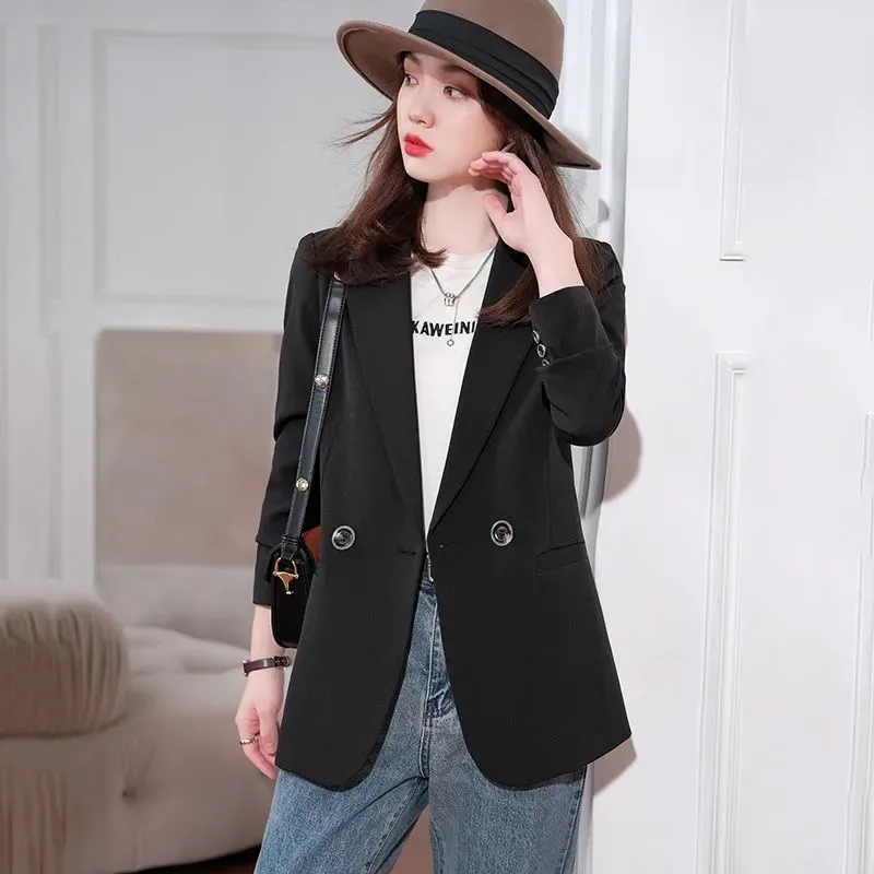 Women Blazer Vintage Notched Collar Pocket 2024 Autumn Fashion Office Blazers Double Breasted Female Casual Jackets Suits Coat