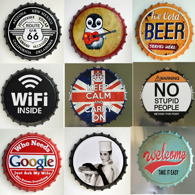 

35CM Beer Bottle Cap Retro Plaque Metal Tin Signs Cafe Bar Pub Signboard Wall Decor Vintage Nostalgia Round Plates Art Poster